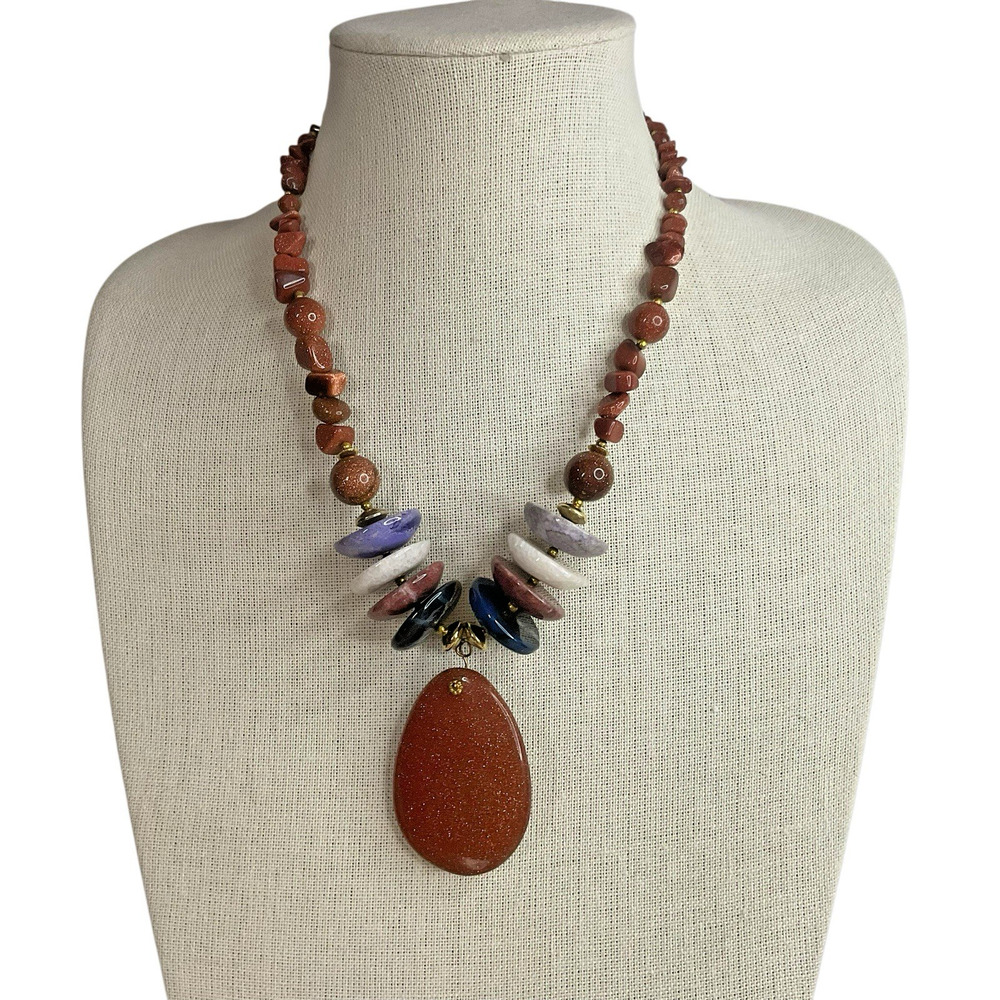 Goldstone Bead Necklace with Large Pendant & Natural Stone Accents